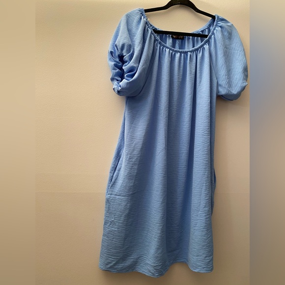 COPY - NWOT Off Shoulder Sky Blue Short Puff Sleeves Dress with Side Pockets - Picture 8 of 10